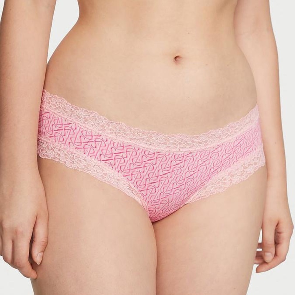 Victoria's Secret Lace-Waist Cotton Cheeky Panty Purest Pink Logo M NEW
